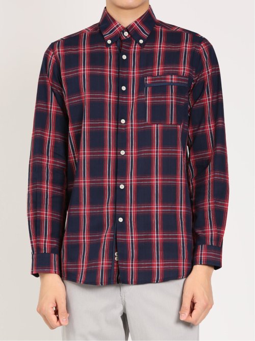 綿オンブレチェック ボタンダウン長袖シャツ