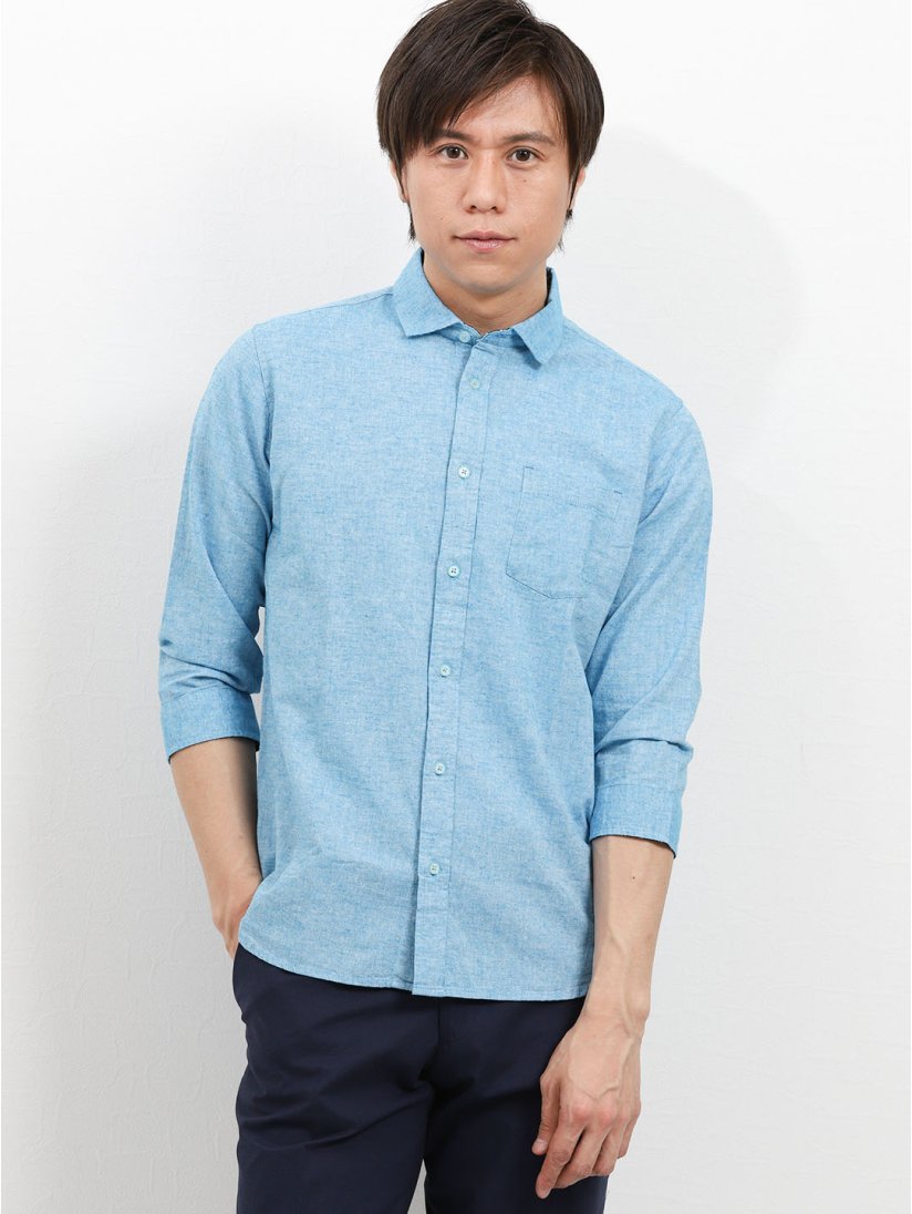 フレンチリネン混シャンブレー カッタウェイ7分袖シャツ M 73サックス トップス Taka Q Online Shop タカキューオンラインショップ 公式通販