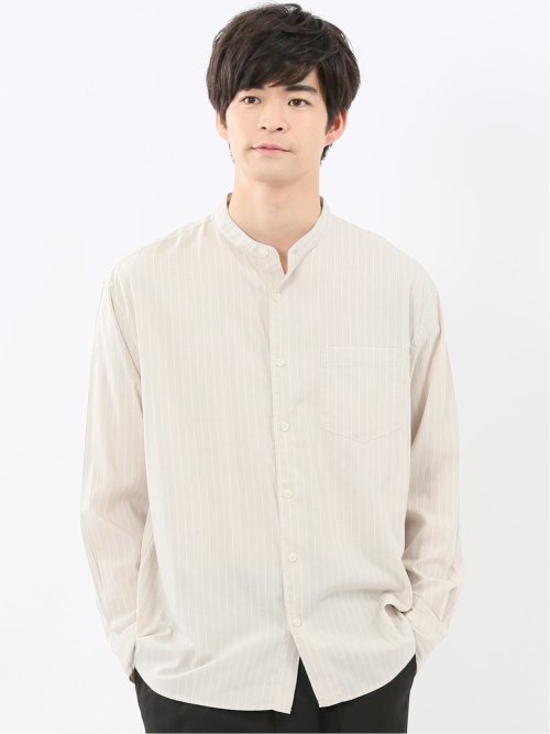 シャンブレーストライプ バンドカラー長袖シャツ(M 33ベージュ