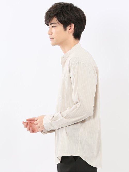 シャンブレーストライプ バンドカラー長袖シャツ