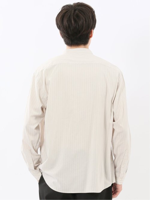 シャンブレーストライプ バンドカラー長袖シャツ