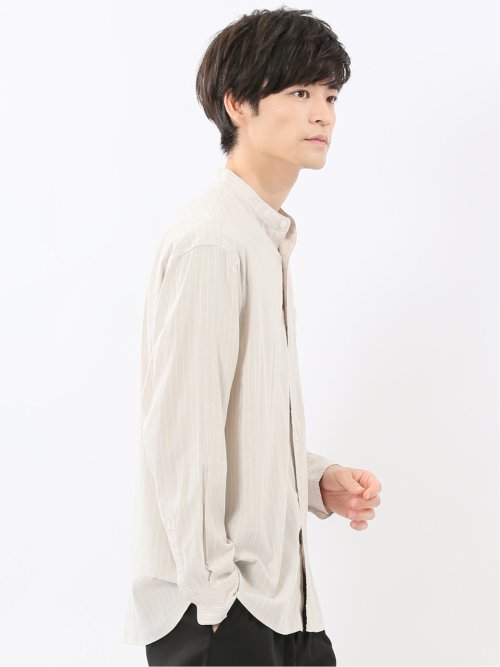 シャンブレーストライプ バンドカラー長袖シャツ