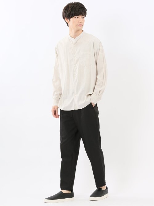 シャンブレーストライプ バンドカラー長袖シャツ