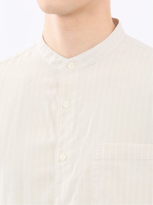 シャンブレーストライプ バンドカラー長袖シャツ