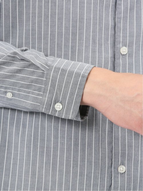 シャンブレーストライプ バンドカラー長袖シャツ