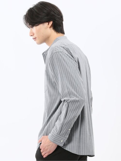 シャンブレーストライプ バンドカラー長袖シャツ