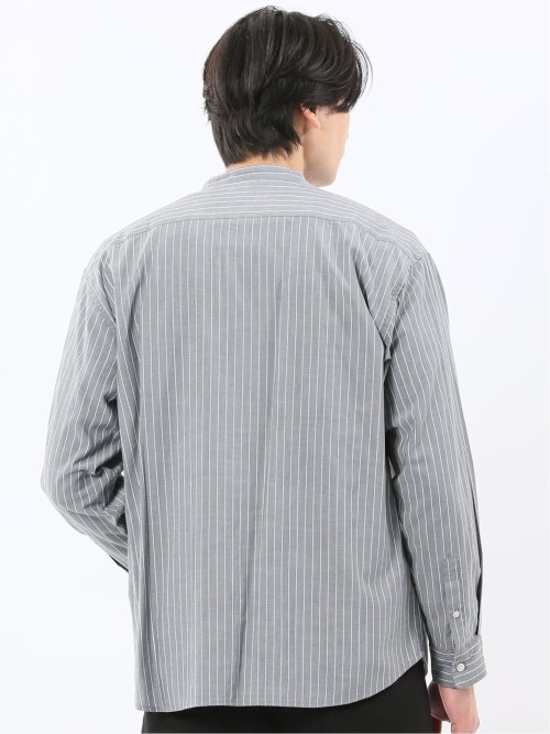 シャンブレーストライプ バンドカラー長袖シャツ