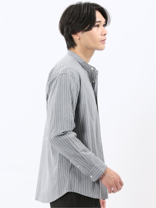 シャンブレーストライプ バンドカラー長袖シャツ