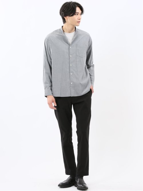 シャンブレーストライプ バンドカラー長袖シャツ