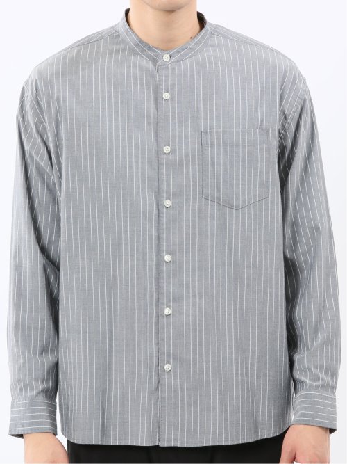 シャンブレーストライプ バンドカラー長袖シャツ