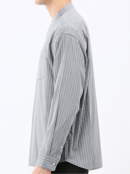 シャンブレーストライプ バンドカラー長袖シャツ