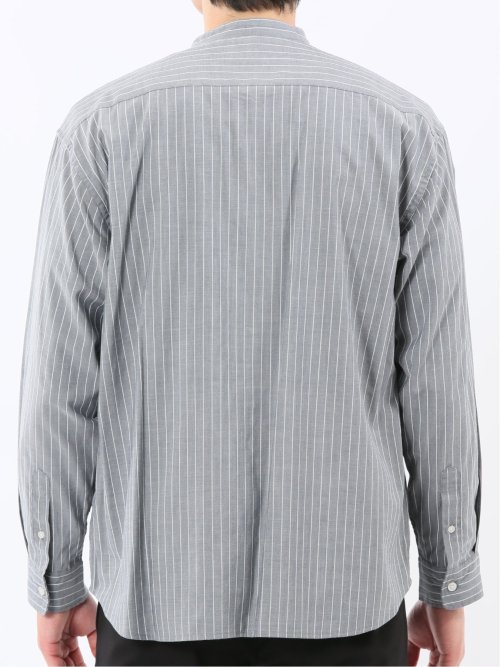 シャンブレーストライプ バンドカラー長袖シャツ