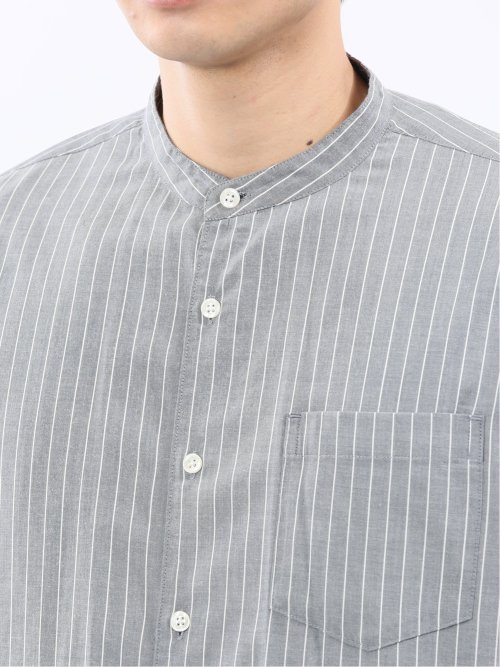 シャンブレーストライプ バンドカラー長袖シャツ