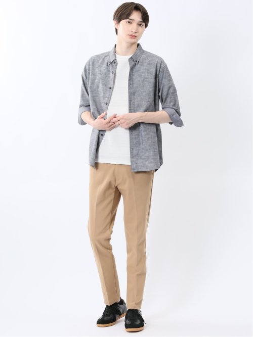 コットンリネン ボタンダウン7分袖シャツ