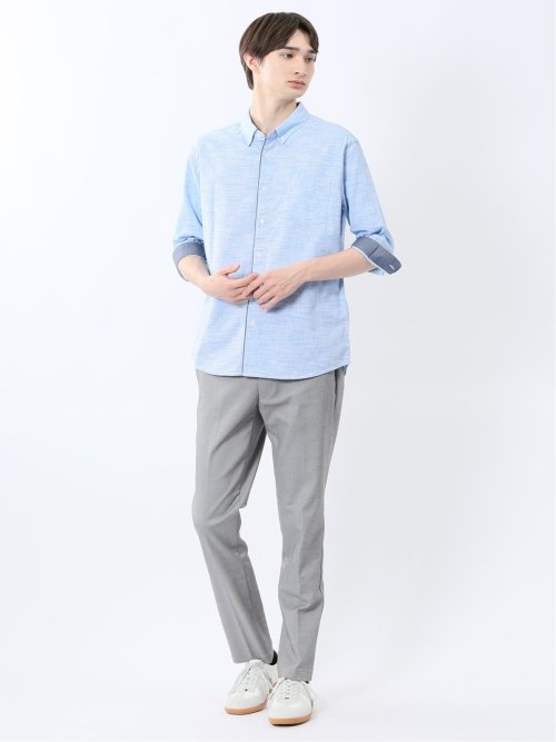 コットンリネン ボタンダウン7分袖シャツ