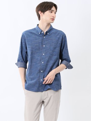 コットンリネン ボタンダウン7分袖シャツ