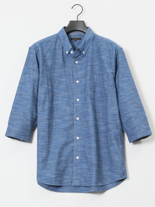 コットンリネン ボタンダウン7分袖シャツ