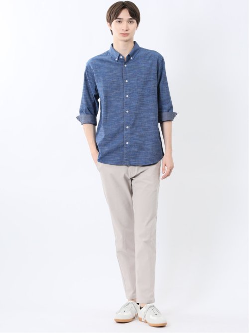 コットンリネン ボタンダウン7分袖シャツ