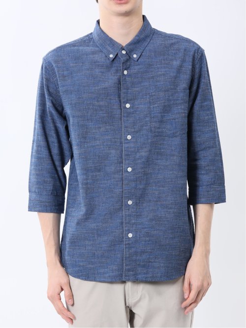 コットンリネン ボタンダウン7分袖シャツ
