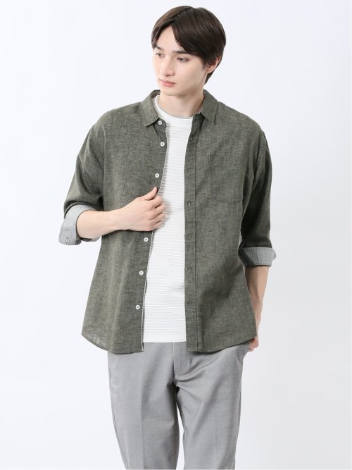 リネン混 レギュラーカラー7分袖シャツ