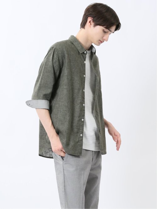 リネン混 レギュラーカラー7分袖シャツ