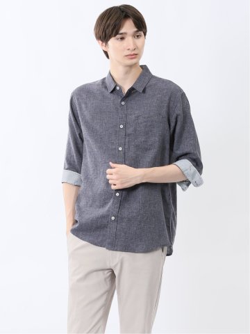 リネン混 レギュラーカラー7分袖シャツ