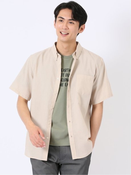 リネン混 ボタンダウン 半袖 シャツ