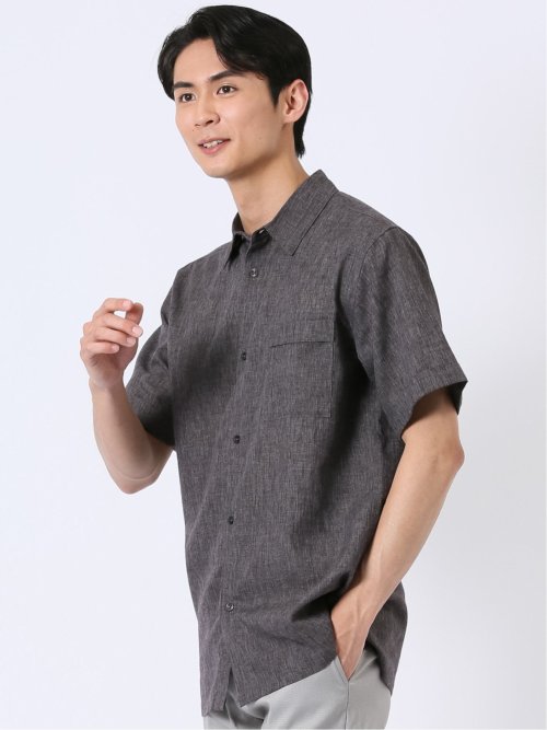 リネン混 レギュラーカラー 半袖 シャツ(M 35こげ茶): トップス | TAKA
