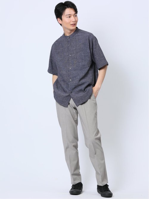 TechLinen バンドカラー半袖シャツ