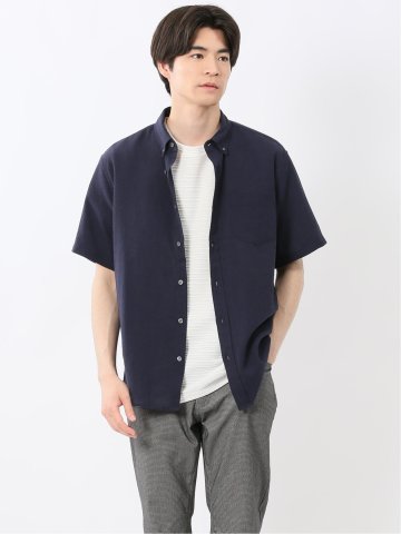 リネン混 楊柳 ボタンダウン半袖シャツ