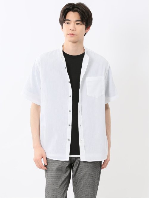 【新品・美品】バンドカラー長袖シャツ 白　サイズ40【匿名配送】 リネン混 楊柳 バンドカラー半袖シャツ(M 01白): トップス | TAKA-Q