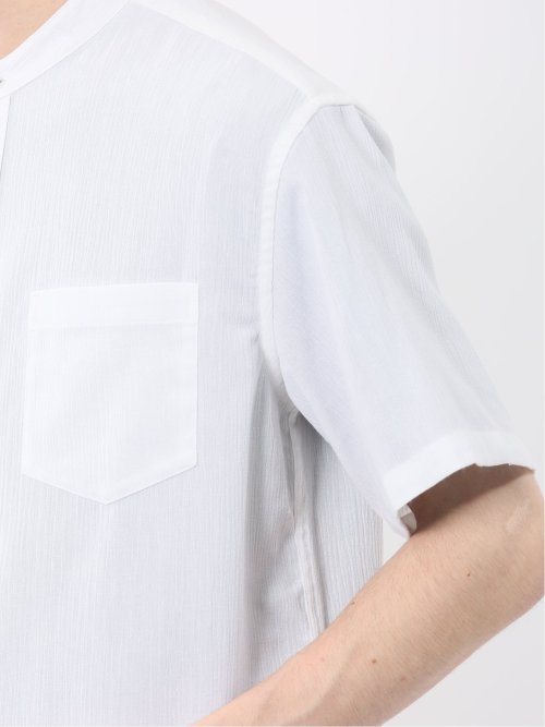 【ホワイト】楊柳バンドカラー 半袖シャツ NORMANBROS 別注 ワイドポケット 楊柳 シャツ 半袖
