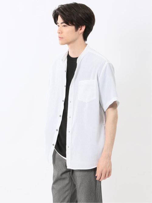 リネン混 楊柳 バンドカラー半袖シャツ