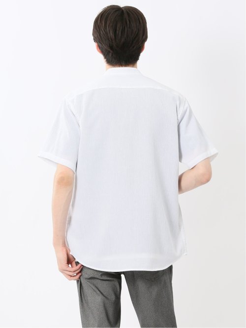 リネン混 楊柳 バンドカラー半袖シャツ