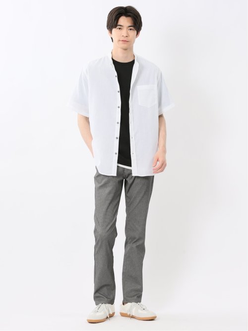 リネン混 楊柳 バンドカラー半袖シャツ