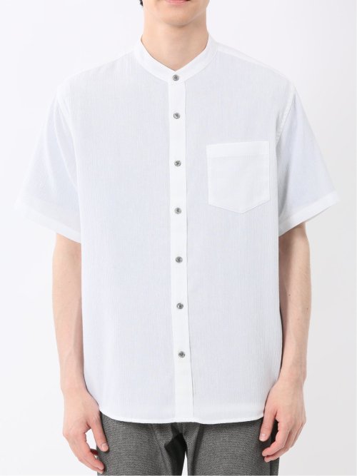 リネン混 楊柳 バンドカラー半袖シャツ