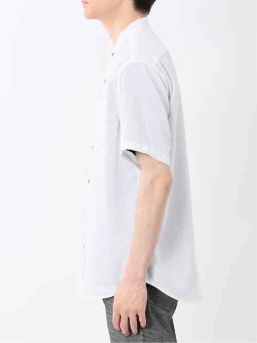 リネン混 楊柳 バンドカラー半袖シャツ