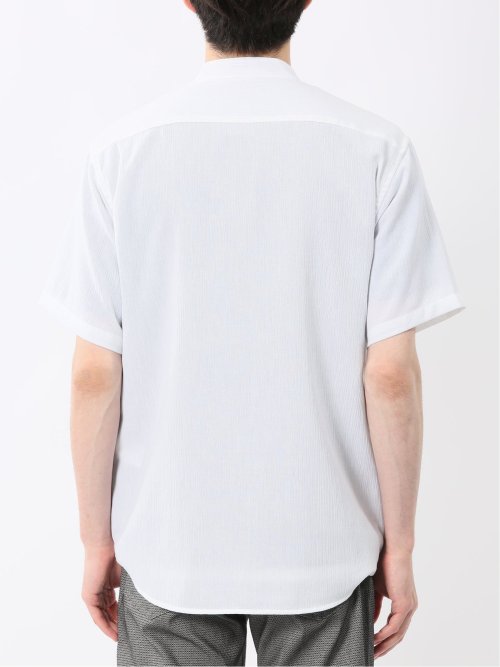 リネン混 楊柳 バンドカラー半袖シャツ