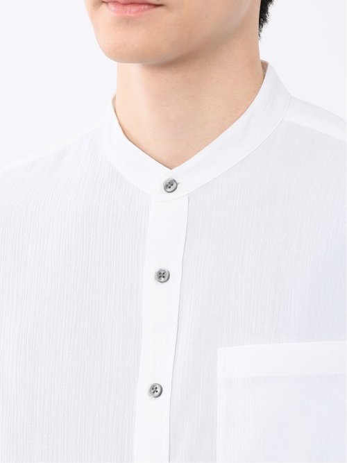 リネン混 楊柳 バンドカラー半袖シャツ