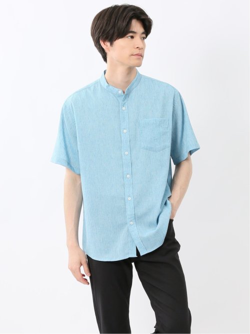リネン混 楊柳 バンドカラー半袖シャツ