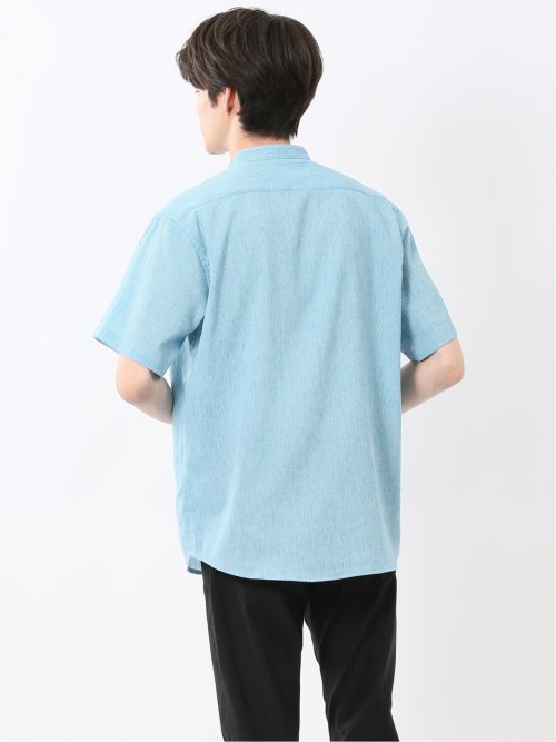 リネン混 楊柳 バンドカラー半袖シャツ