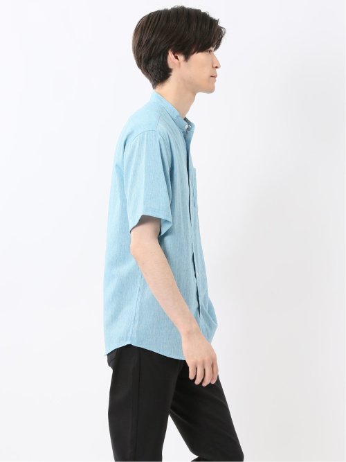 リネン混 楊柳 バンドカラー半袖シャツ