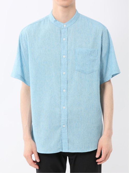 リネン混 楊柳 バンドカラー半袖シャツ