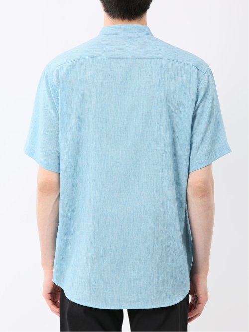 リネン混 楊柳 バンドカラー半袖シャツ