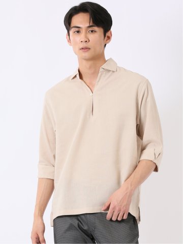 リネン混 プルオーバー 7分袖 シャツ