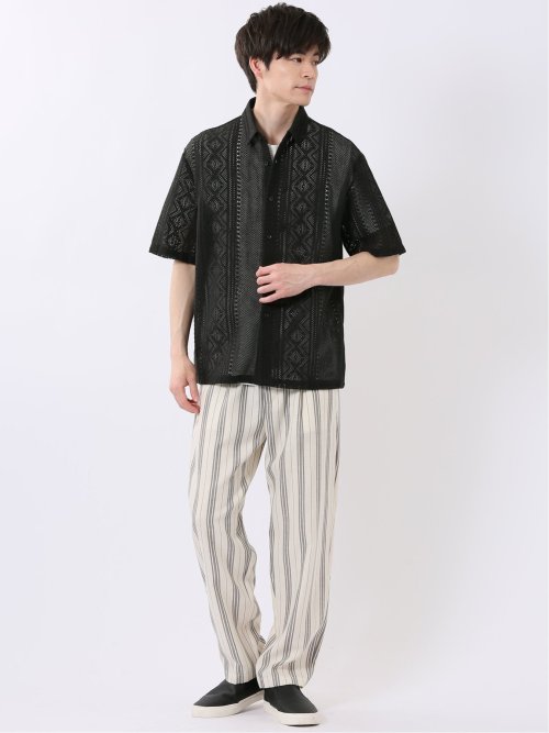 透かし編み ジャガード レギュラーカラー 半袖 シャツ