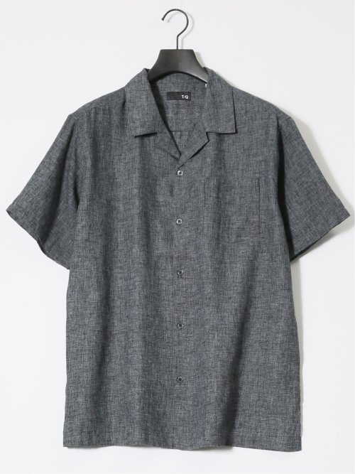 リネン混シャンブレー オープンカラー半袖シャツ