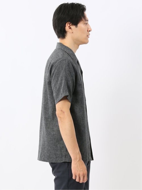 リネン混シャンブレー オープンカラー半袖シャツ