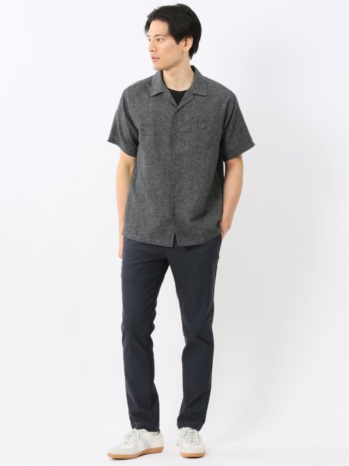 リネン混シャンブレー オープンカラー半袖シャツ