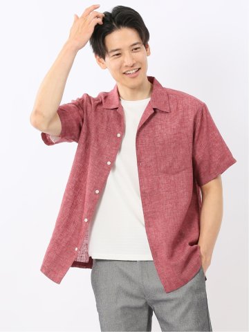 リネン混シャンブレー オープンカラー半袖シャツ